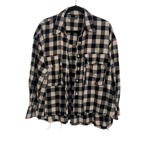 ZARA Checkered Flannel Black White L Boho Cottagecore Layering Shirt- L - Picture 1 of 7